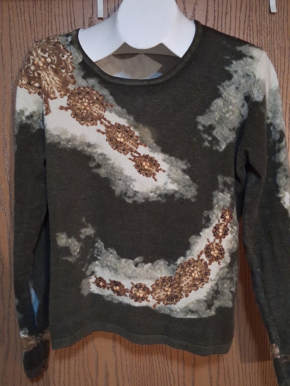 Pierri New York Olive Green Beaded Crewneck Sweater with Cream AccentsM 260948